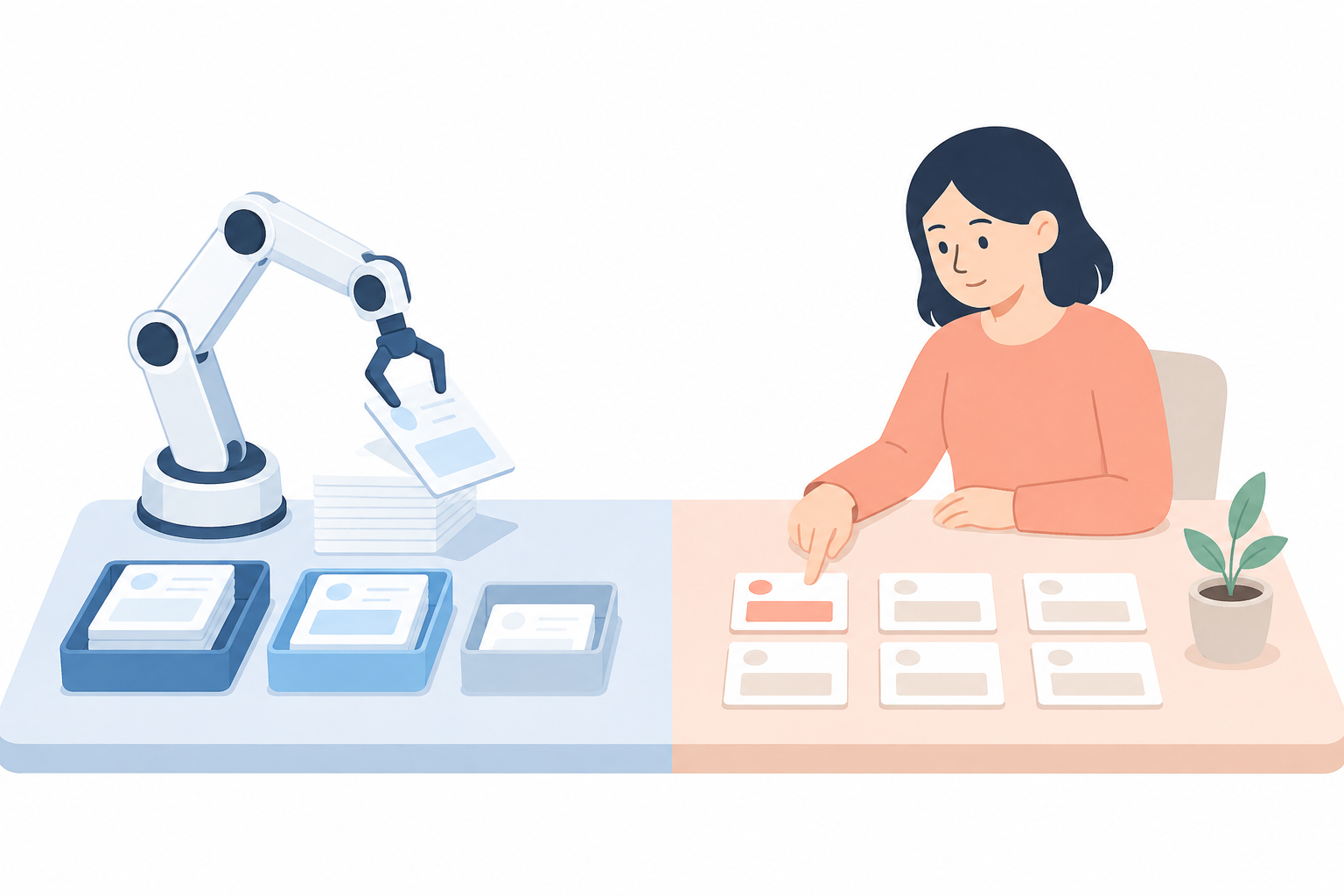 調べて並べる作業をAIに渡し、選ぶ判断を自分が持つ分けかたのイラスト