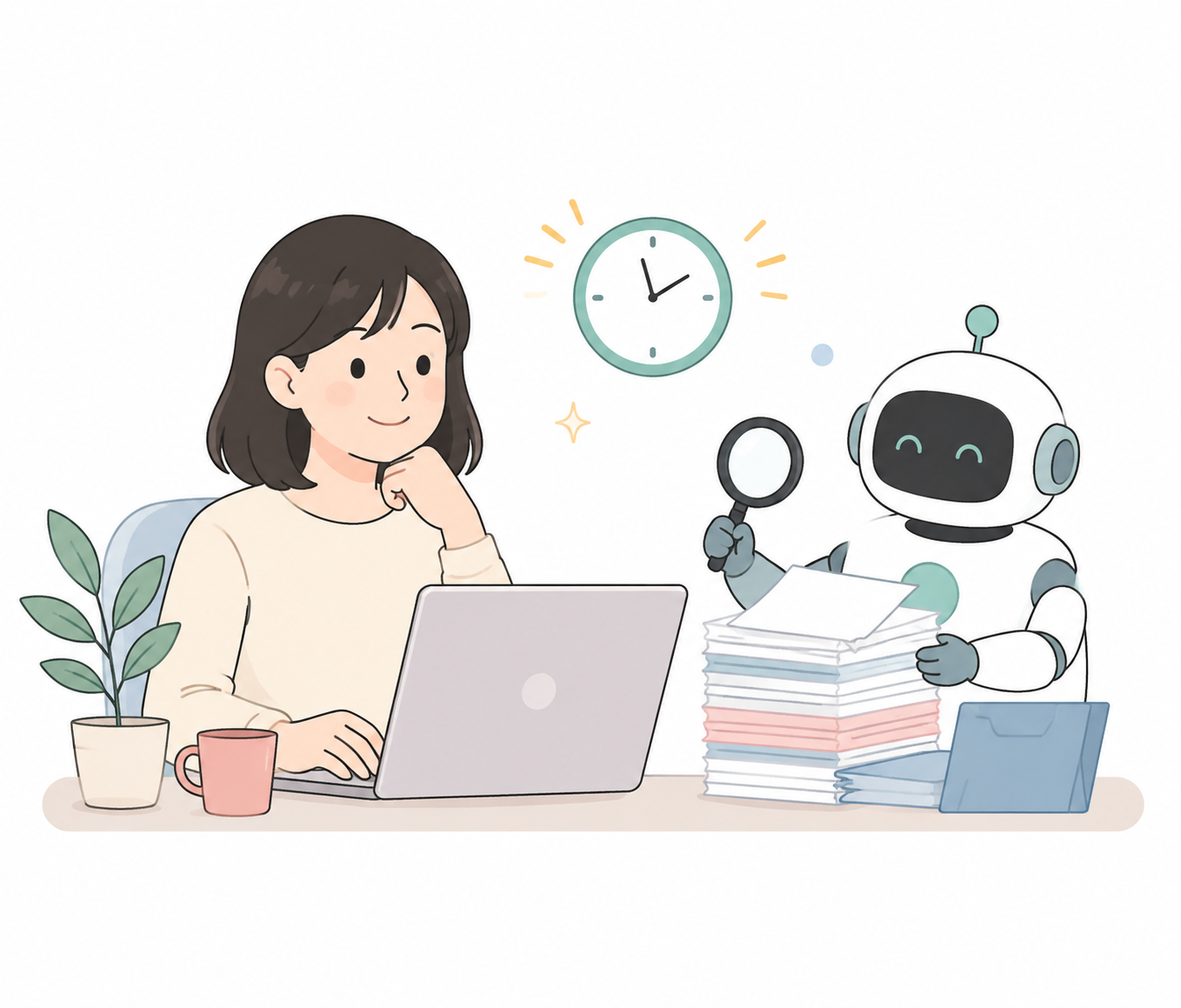女性がノートパソコンに向かい、横でロボットが書類と虫めがねを持って調べ物を引き受けているイラスト
