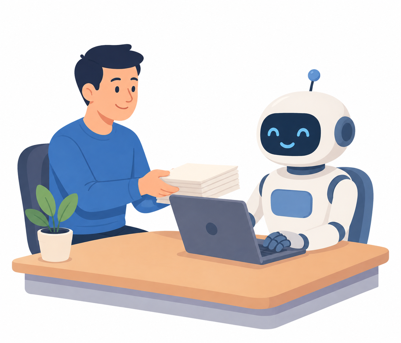 机で人が資料の束をロボットのアシスタントに手渡しているイラスト