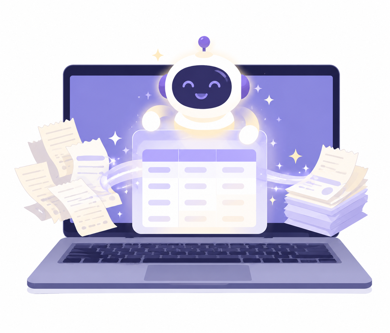 ノートパソコンがばらばらの明細を1枚の表に並べ直しているイラスト