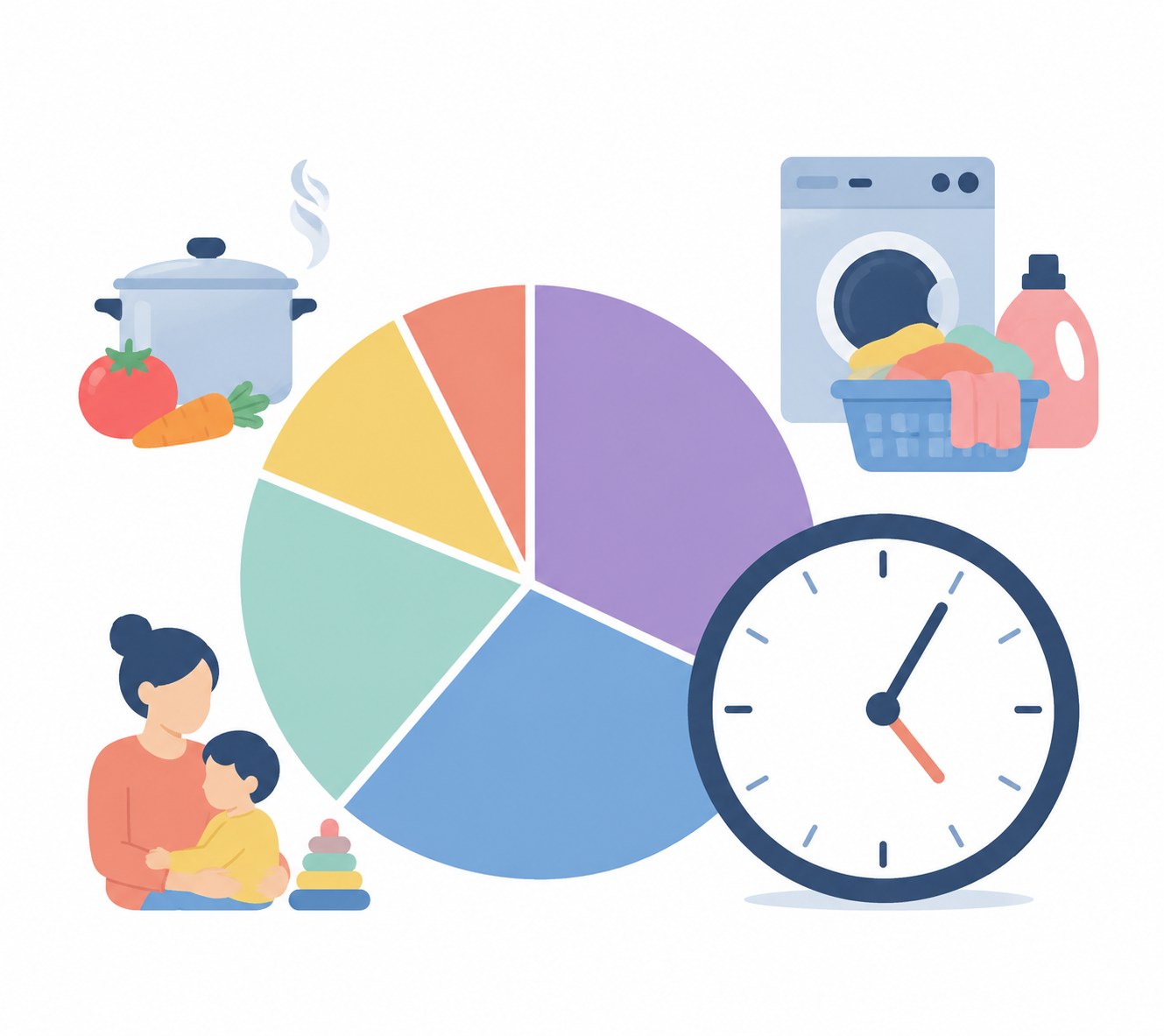 1日の時間配分の円グラフと、家事や育児のアイコンを並べたイラスト