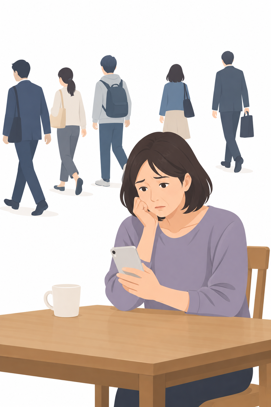 スマートフォンを見ながら、まわりに置いていかれた気持ちで手が止まっている40代女性のイラスト