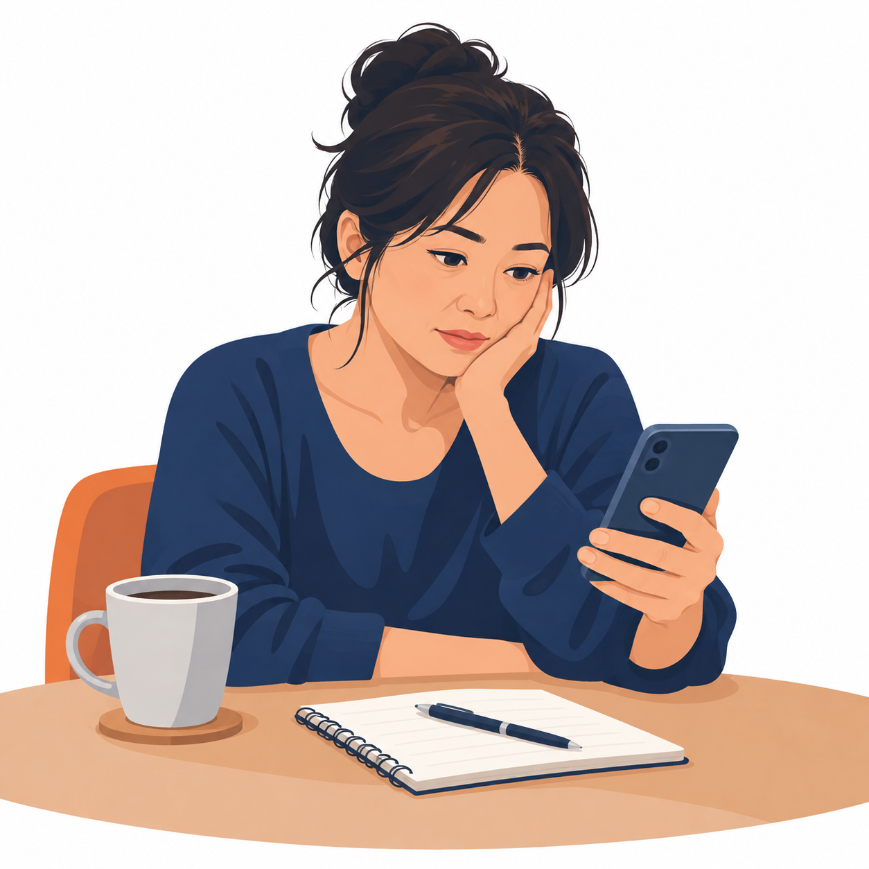 夜のキッチンテーブルで、副業の入金額をスマートフォンで確認している40代女性のイラスト