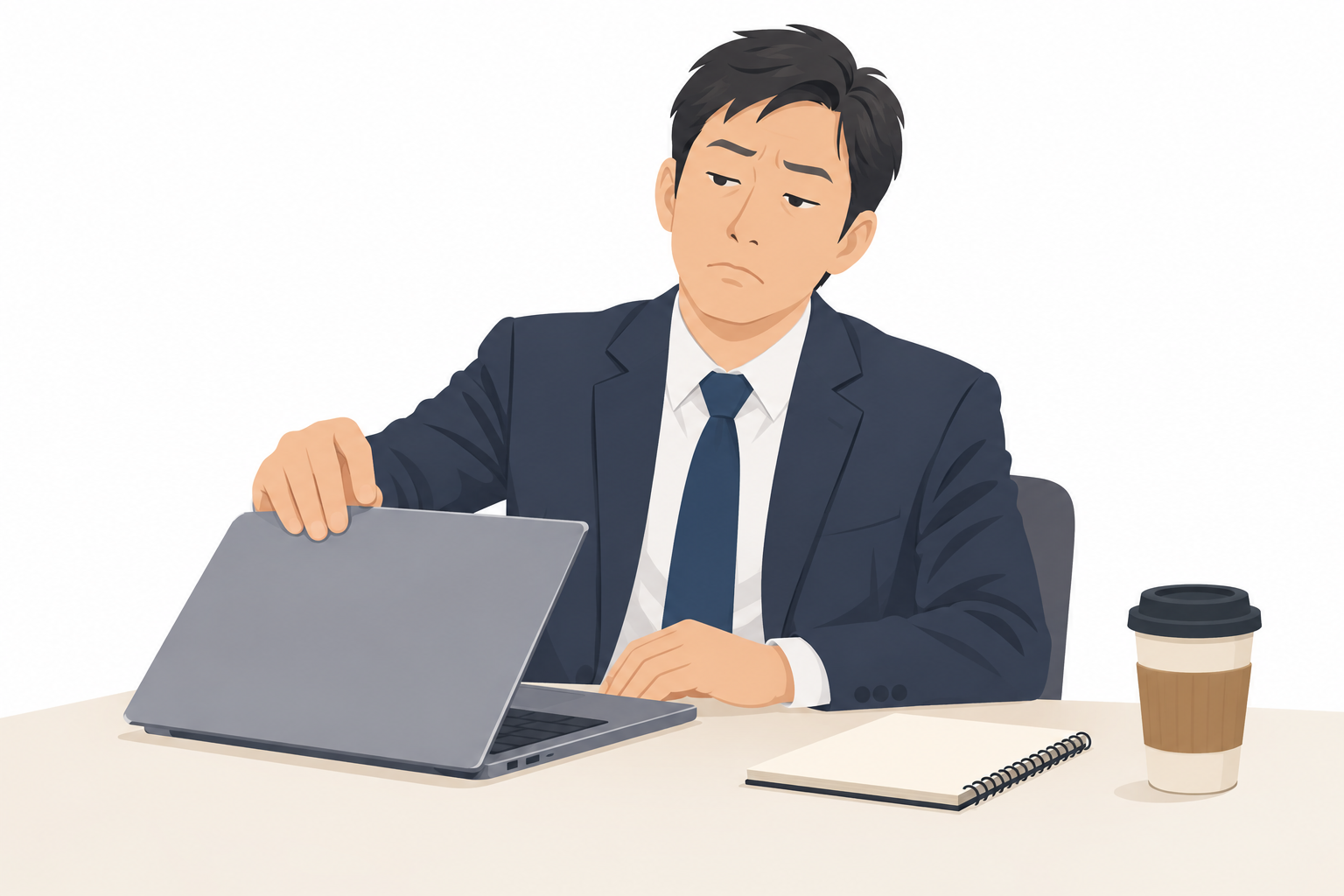 ノートパソコンを一度開いただけで閉じようとしている40代男性のイラスト