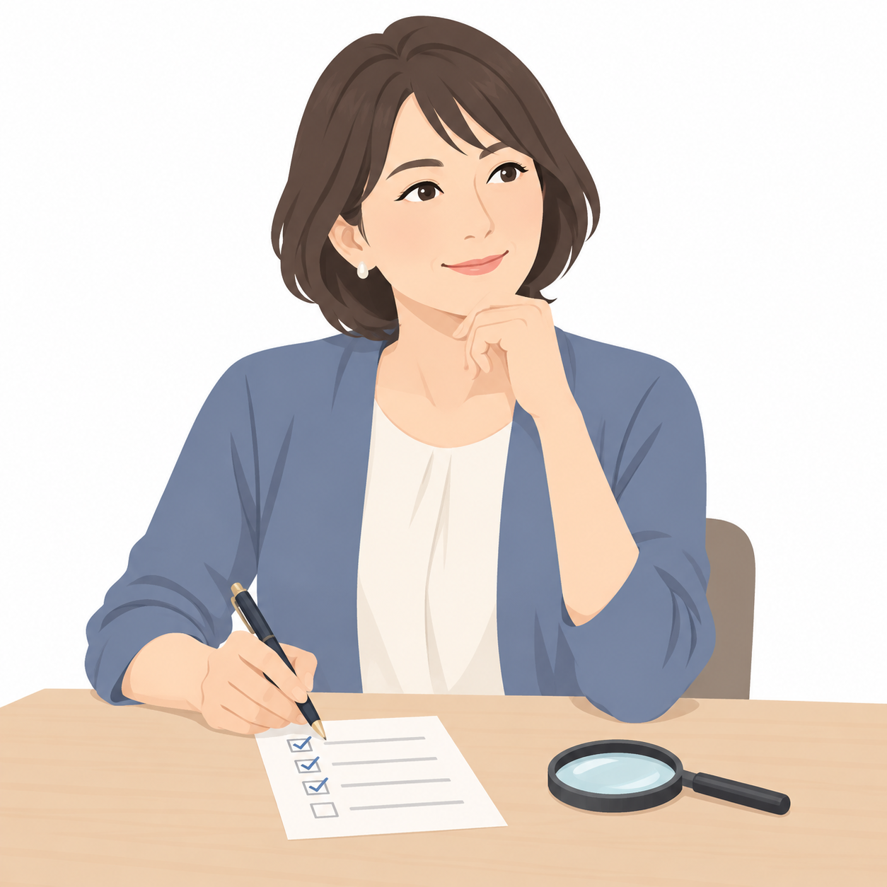自宅の机で紙のチェックリストに印をつけている40代女性のイラスト
