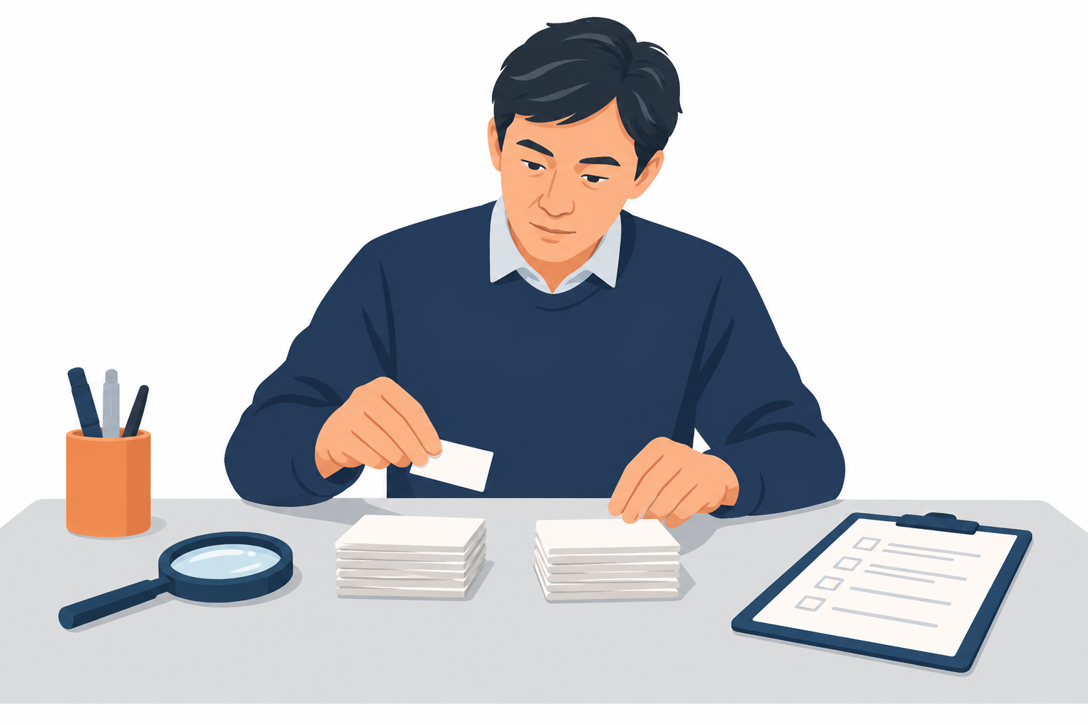 机の上で小さなカードを2つの山に仕分けしている人物のイラスト。チェックリストと虫めがねが置かれている