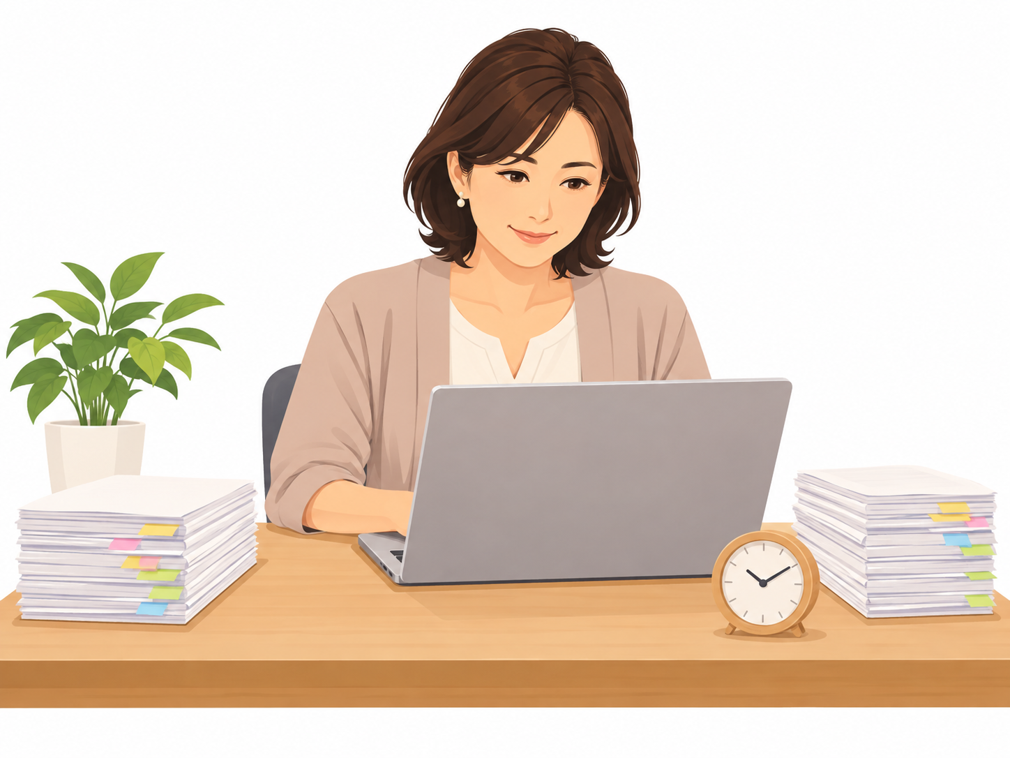 自宅の机でノートパソコンに向かい、仕分けたメモと時計を置いて作業している40代女性のイラスト