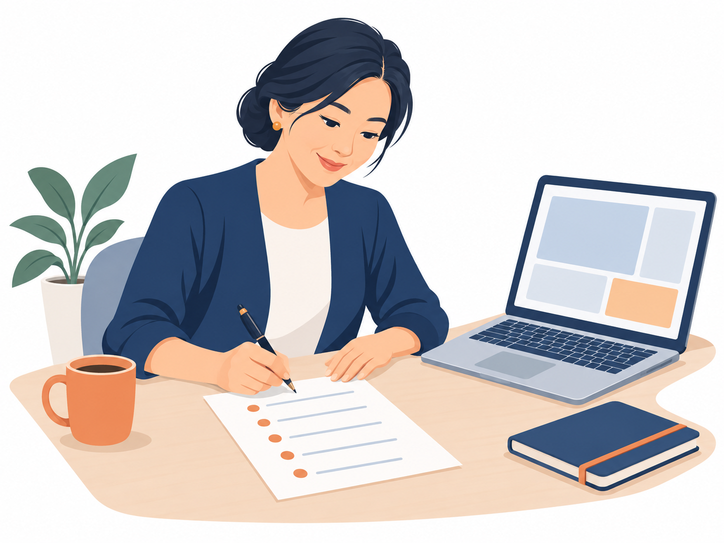 朝の机で、紙1枚に5つの手順を書き出している40代女性のイラスト。横にノートパソコンが開いている