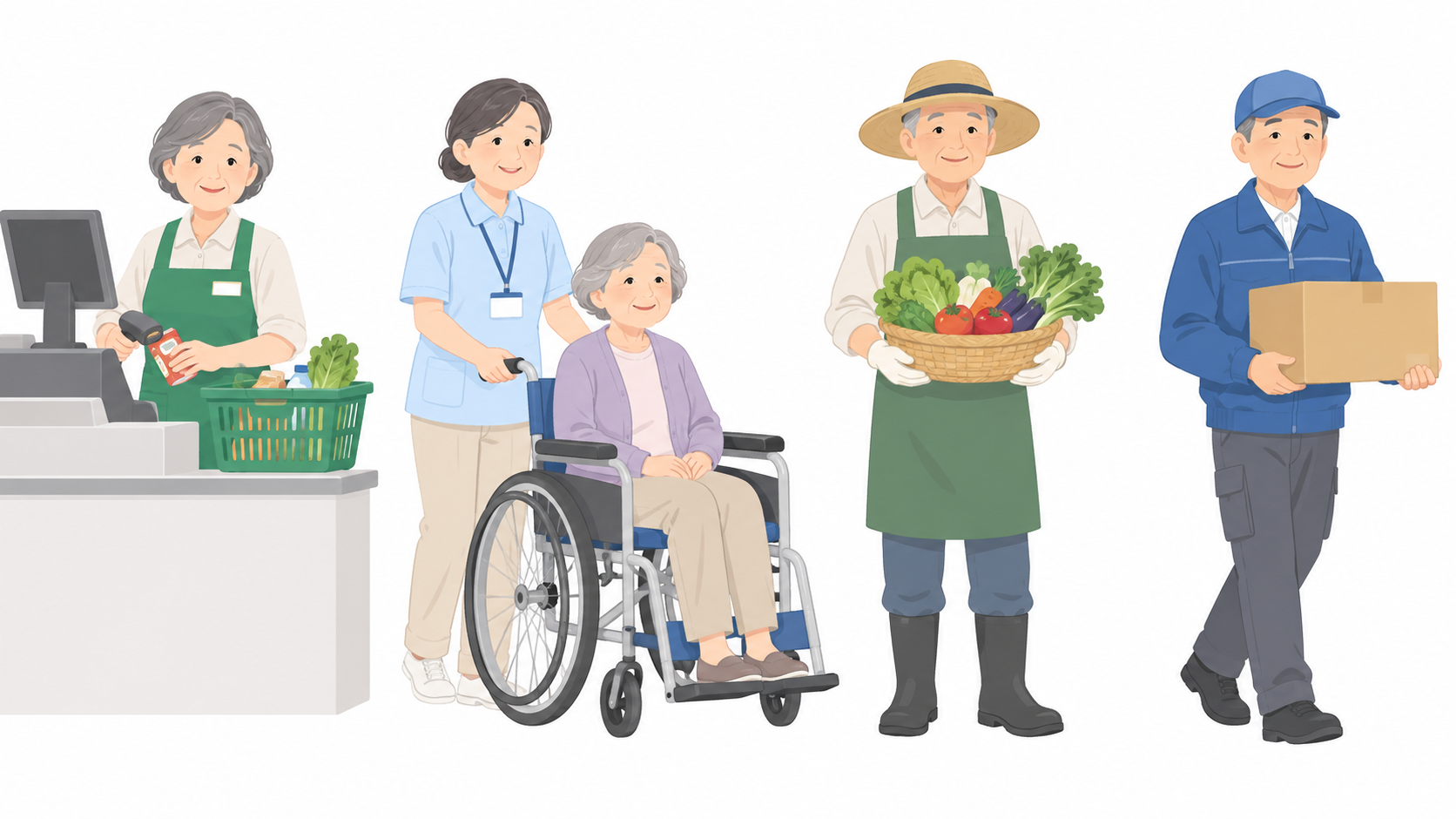 レジや介護や農作業や配達の現場に立つ60代の働く人たちのイラスト
