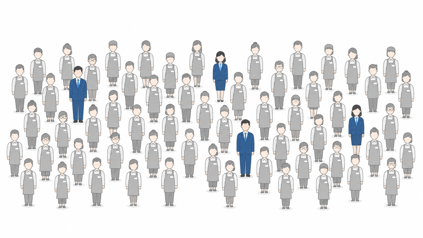 大勢のエプロン姿の人のなかに、少数のスーツ姿の人が混じっているイラスト