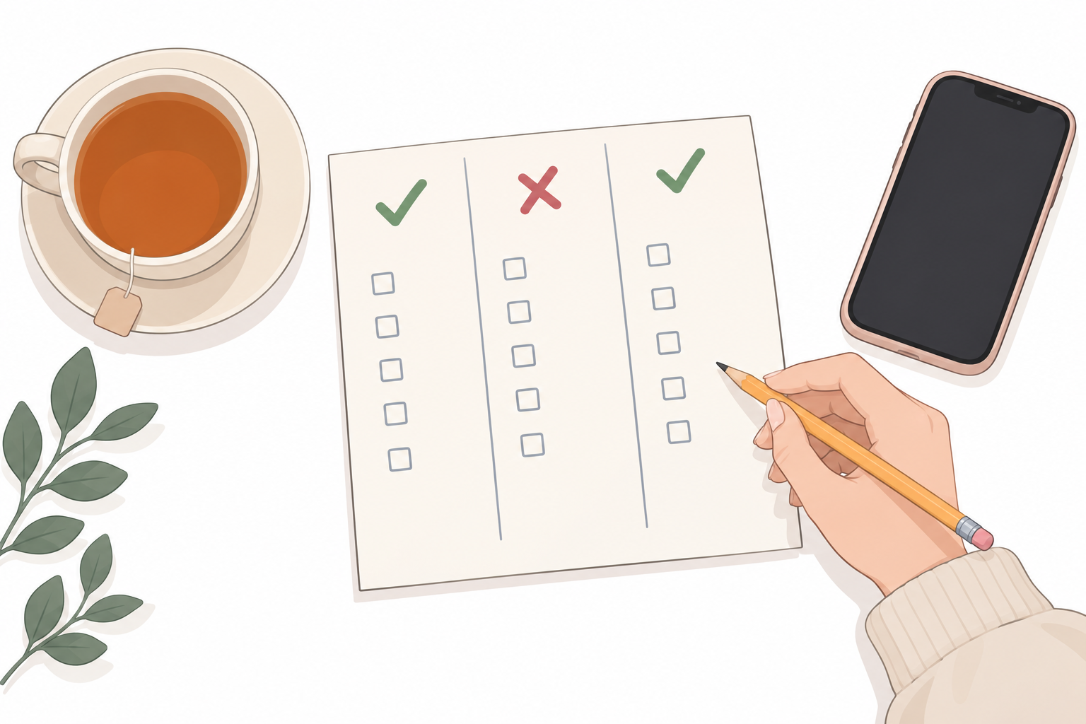 紙を3つの列に分けて丸と印を書き込む手元のイラスト