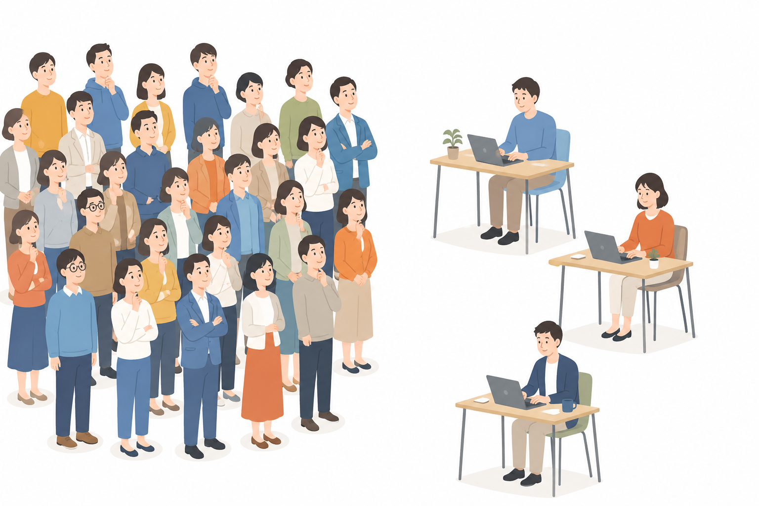 多くの人が立っている横で、少数の人だけが机に向かって作業しているイラスト