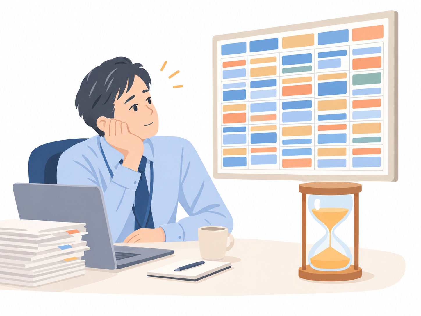 予定で埋まったカレンダーと砂時計を見ている人のイラスト