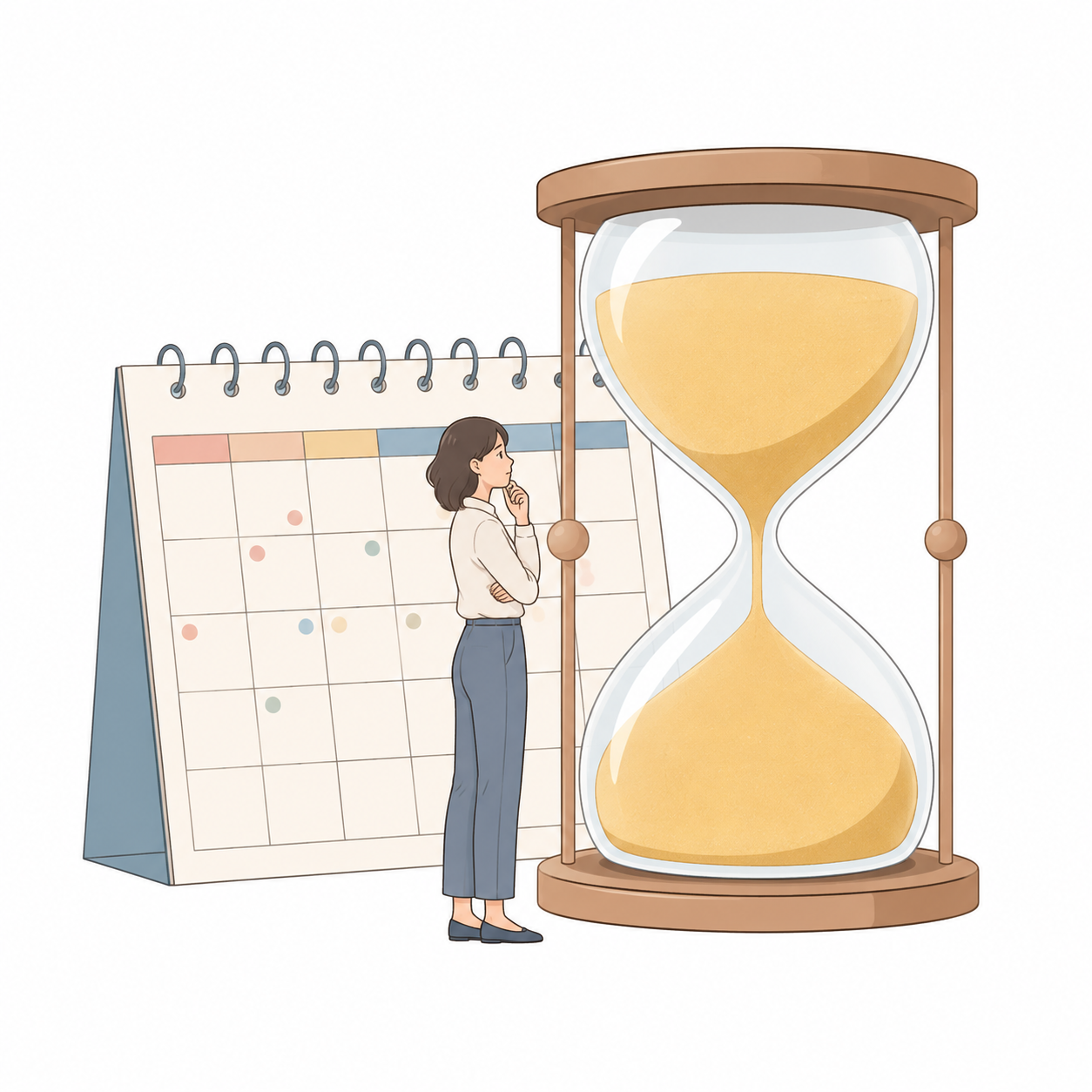 満杯の砂時計の前に立つ人物で使える時間に上限があることを示したイラスト