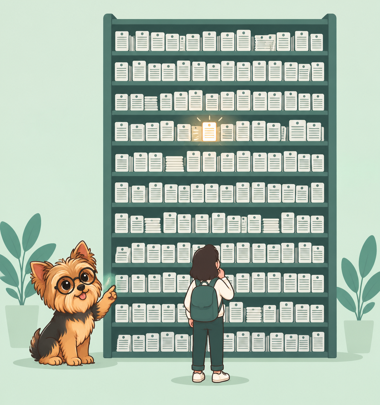 大量の紙が並ぶ棚を見上げる人物のイラスト