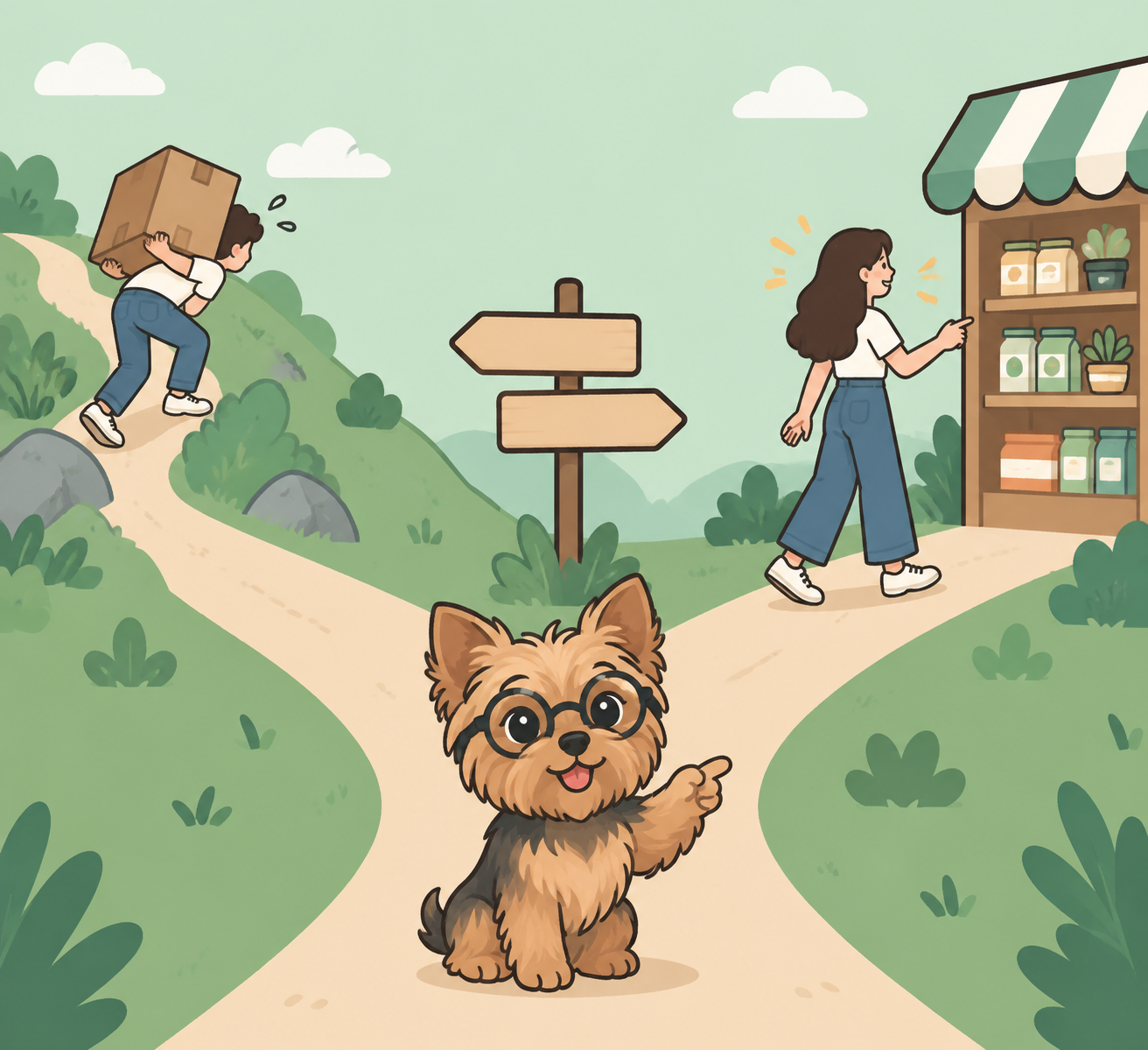荷物を背負って坂を登る道と、手ぶらで棚を紹介する道の分かれ道のイラスト