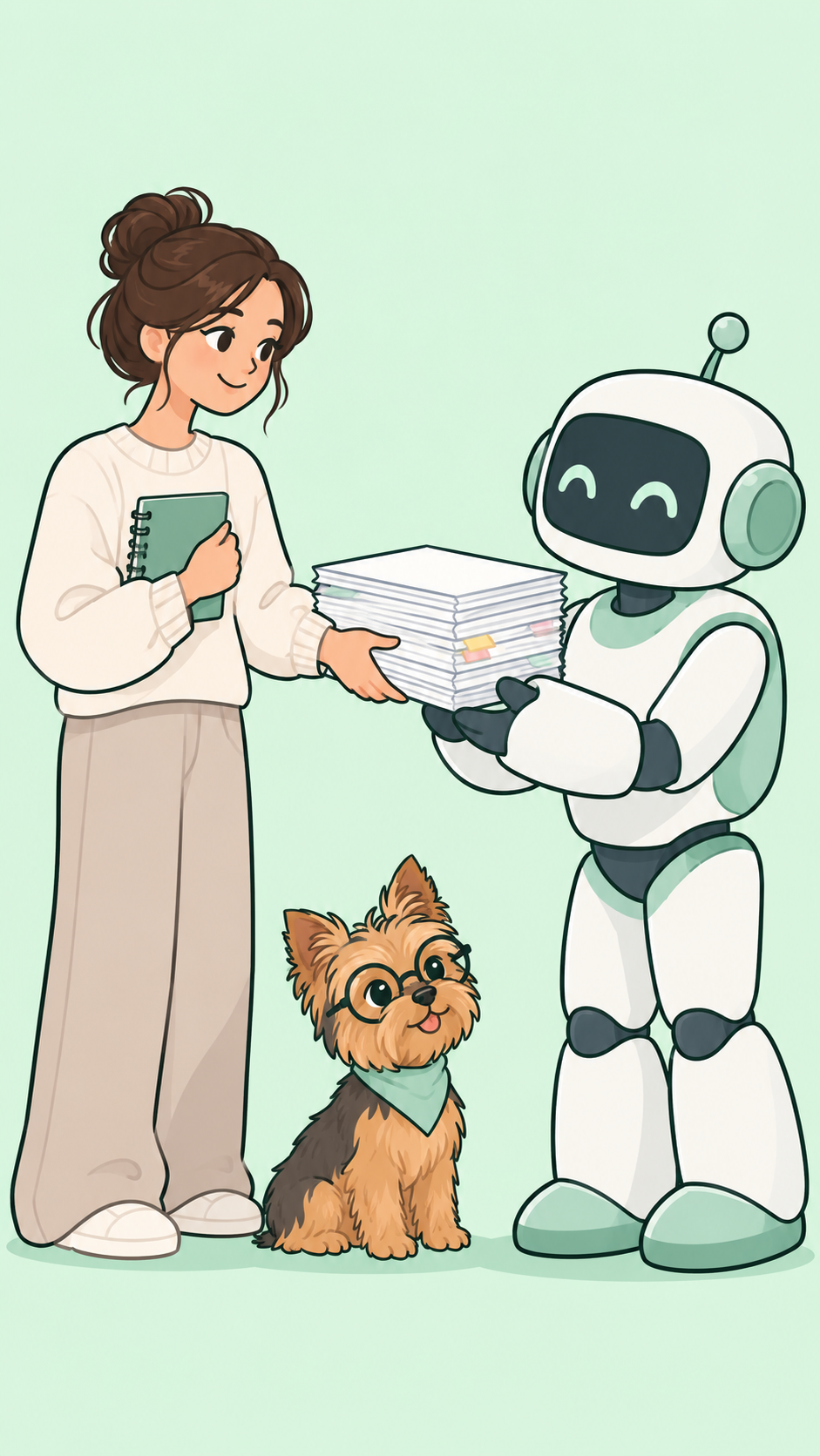 重ねた資料をロボットに渡し、手帳だけを自分で持つ人物のイラスト