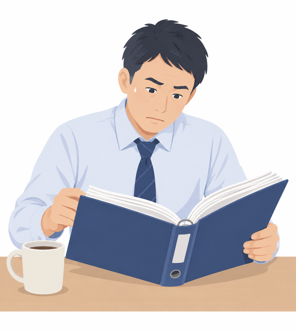 自宅の机で就業規則のファイルを開いて条文を確認している会社員のイラスト