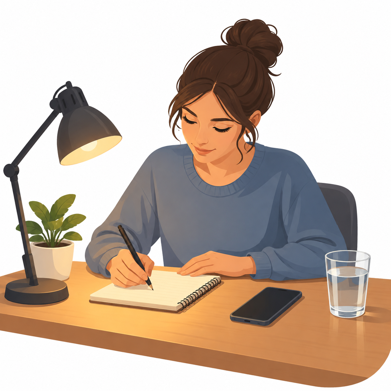 夜の自宅の机でノートに手順を書き出している人物のイラスト