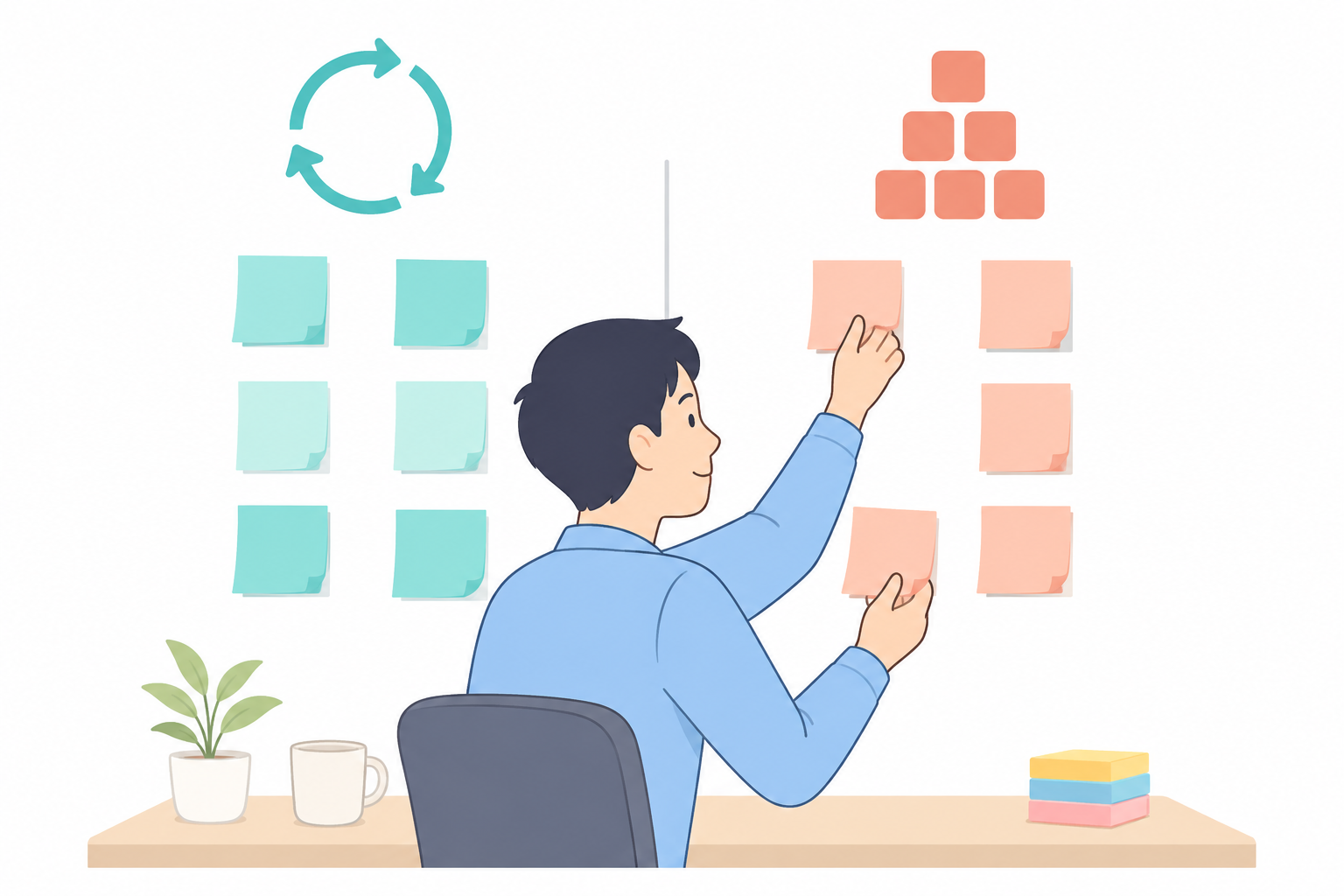 副業の作業を2種類に分けて仕分けするイラスト
